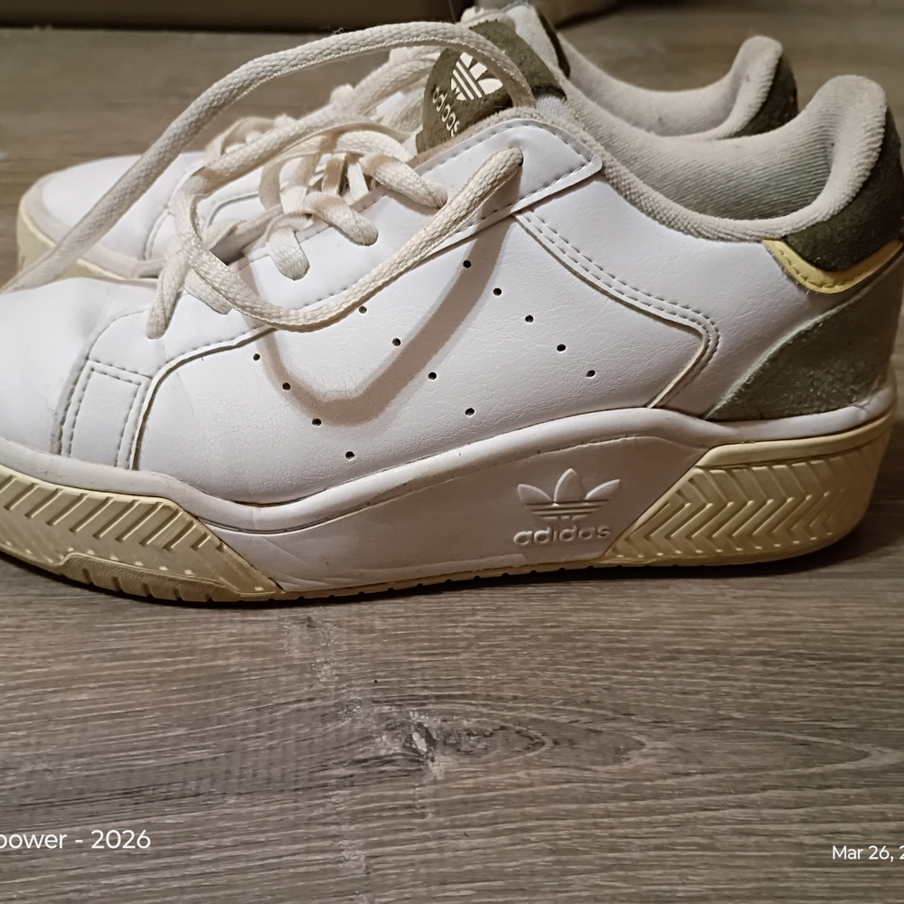 Platform Adidas White Leather Court-Style Sneakers with Olive Accents